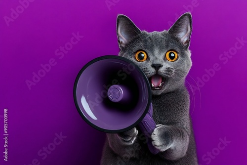 Grey cat with wide eyes holding a megaphone against a vibrant violet background. Fun and energetic image suitable for announcements and promotions