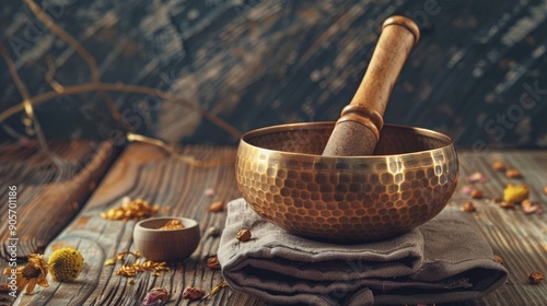 Vintage toned copper singing bowl with religious items for rituals prayers and meditation on wooden background empty space