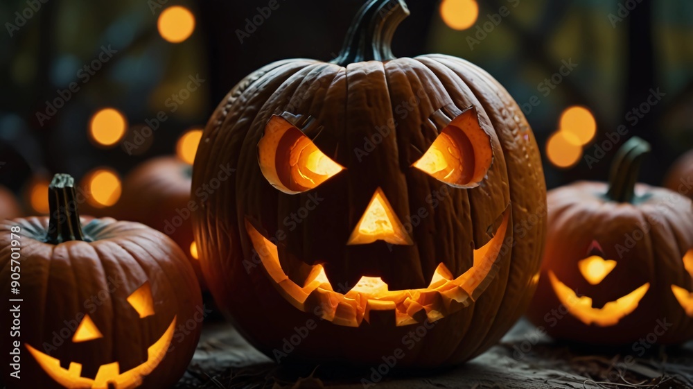 Wicked Grinning Jack O' Lantern Close-Up: Capturing Glowing Eyes and Eerie Shadows for Halloween Designs Wicked Grinning Jack O' Lantern Close-Up: Capturing Glowing Eyes and Eerie Shadows for Halloween Designs