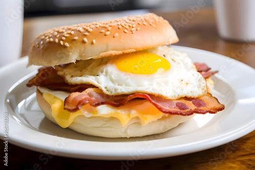 Delicious breakfast bagel with egg and bacon