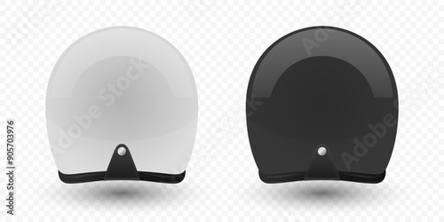 Vector 3d Realistic Blank White and Black Glossy Classic Vintage Open-Face Motorbike Helmet Design Template for Mockup. Rear View. Motorcycle Helmet Icon, Closeup, Isolated
