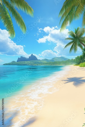 Tranquil beach with clear turquoise waters and lush green mountains under sunny sky