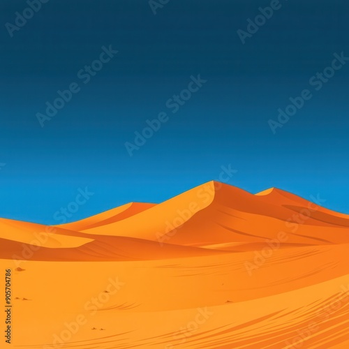 Sunlit sand dunes at high noon under clear blue sky in arid desert landscape