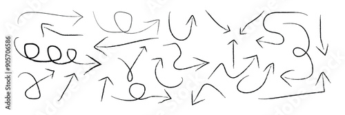 Grunge arrow vector set. Grunge arrow brush drawn. set of chalk pencil, brush stroke arrows. various charcoal arrows. Hand drawn doodle arrow symbols vector.