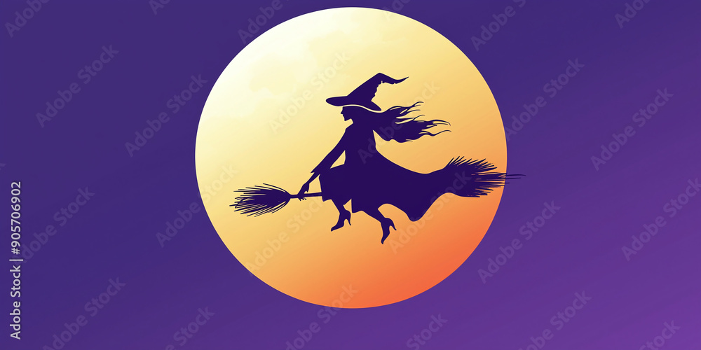 flat vector illustration showing the silhouette of a witch flying on a broomstick across a full moon, halloween wallpaper flat vector illustration showing the silhouette of a witch flying on a broomstick across a full moon, halloween wallpaper
