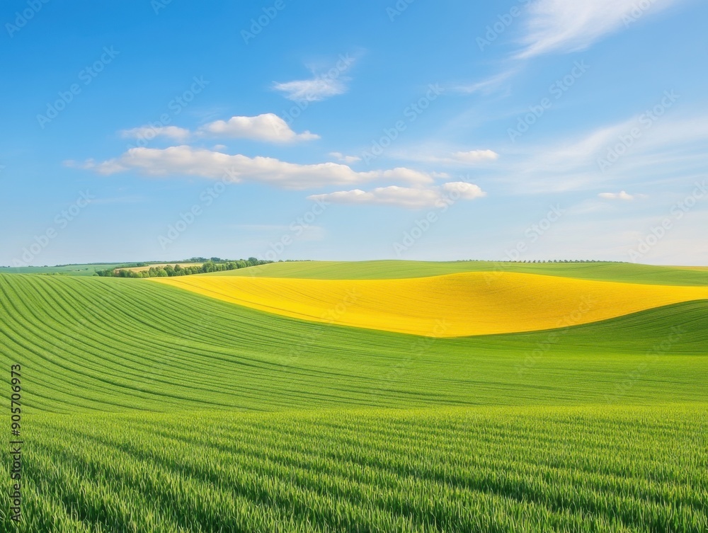 Naklejka premium Vibrant green and yellow rolling hills under bright blue sky in countryside setting