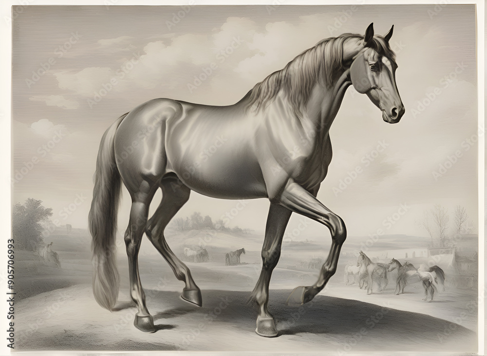 engraving with beautiful horse in old style. Digital artwork. Ai generated