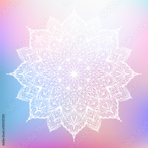 Hand drawn silhouette of white mandala with floral ornamental pattern. Decorative mandala, colorful ethnic oriental ornament. Vector illustration isolated on pastel multi color gradient background