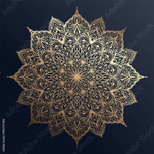 Hand drawn silhouette of gold mandala with floral ornamental pattern. Decorative golden gradient mandala, ethnic oriental ornament, vintage art design. Vector illustration isolated on blue background