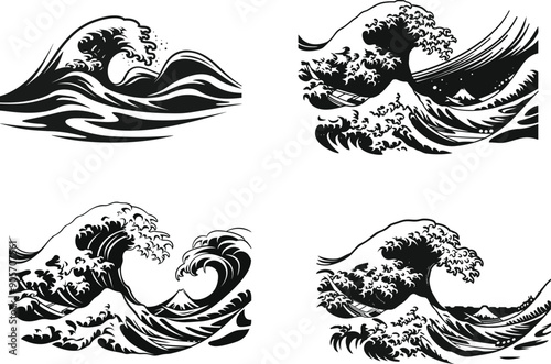 sea wave black Silhouette Clip art set isolated on white background with Ocean Wave Silhouette Vector