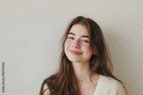 Smiling Young Brunette Woman with Long Hair in a White Shirt Against White Background, natural makeup, 3/4 bust shot