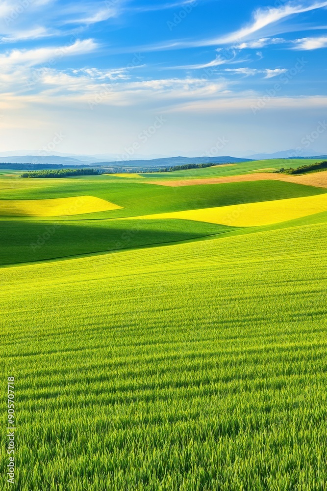 Fototapeta premium Lush green fields under bright blue sky at midday in rural landscape
