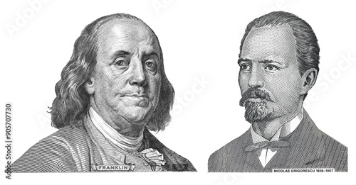 Benjamin Franklin cut from 100 US dollar banknote and Nicolae Grigorescu cut out from 10 Romanian Lei banknote photo