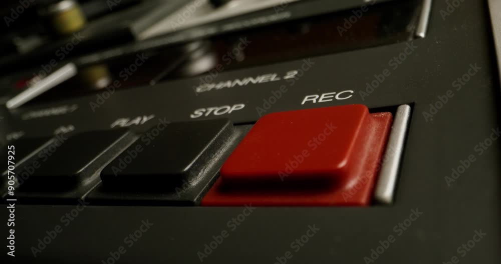 A man presses the record button on a professional tape recorder in the studio. Close-up of his hand, an unrecognizable person