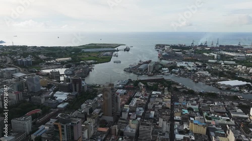 Port Louis harbour, Historic City, Mauritius Island Capital, Extreme wide cinematic drone aerial