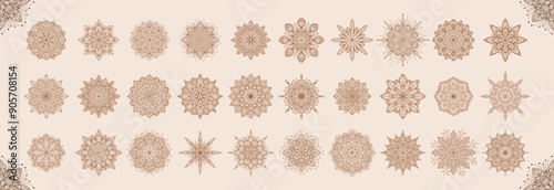 Hand drawn set of beige mandala with floral elements. Beautiful vintage ornamental symbol. Ethnic mosaic oriental pattern. Talisman, antique style, boho, tattoo. Vector outline sketch illustration