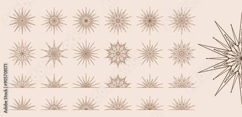 Hand drawn silhouette of star, sunburst, light rays. Bohemian symbol bursting sun ray. Magic ornate talisman, antique style, boho, tattoo, logo. Vector set illustration isolated on beige background