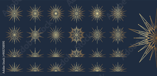 Hand drawn silhouette of golden star, sunburst, light rays. Bohemian gold gradient symbol bursting sun ray. Magic ornate talisman, antique style, boho, logo. Vector set illustration on blue background