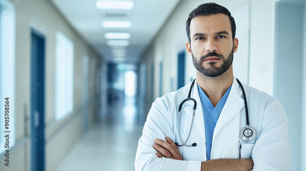 A doctor with a stethoscope, standing in a hospital corridor, looking professional A doctor with a stethoscope, standing in a hospital corridor, looking professional
