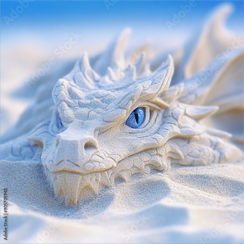 Sand dragon sculpted in fine detail on a sunny beach with blue sky photo