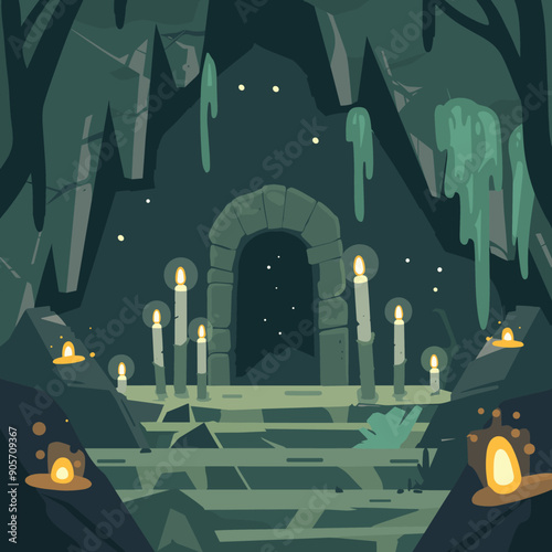 old stone archway entrance lit candles inside dark ancient cave temple overgrown moss vines. Spooky candlelit stone leads entrance mysterious cave surrounded rocks dripping