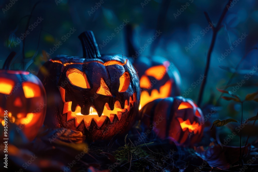 Fototapeta premium Glowing Jack-o'-Lanterns in a Foggy Pumpkin Patch at Night