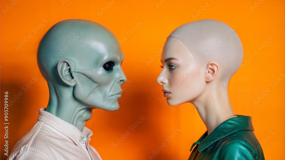 A captivating image depicting a human and an alien staring intently at each other against an orange background. The scene emphasizes the differences and intrigue between species A captivating image depicting a human and an alien staring intently at each other against an orange background. The scene emphasizes the differences and intrigue between species