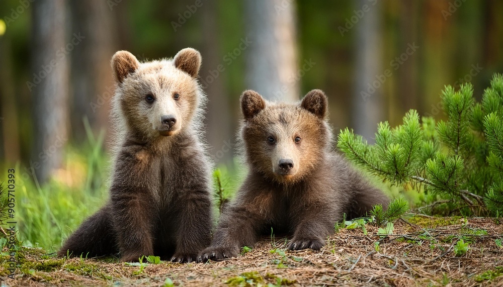 Two young brown bear cub in the forest. Portrait of brown bear, animal in the nature habitat. Wildlife scene from Europe. Cub of brown bear without mother Two young brown bear cub in the forest. Portrait of brown bear, animal in the nature habitat. Wildlife scene from Europe. Cub of brown bear without mother