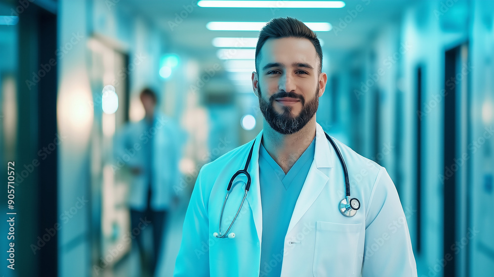 A doctor in a white coat, standing in a hospital hallway with a reassuring smile A doctor in a white coat, standing in a hospital hallway with a reassuring smile
