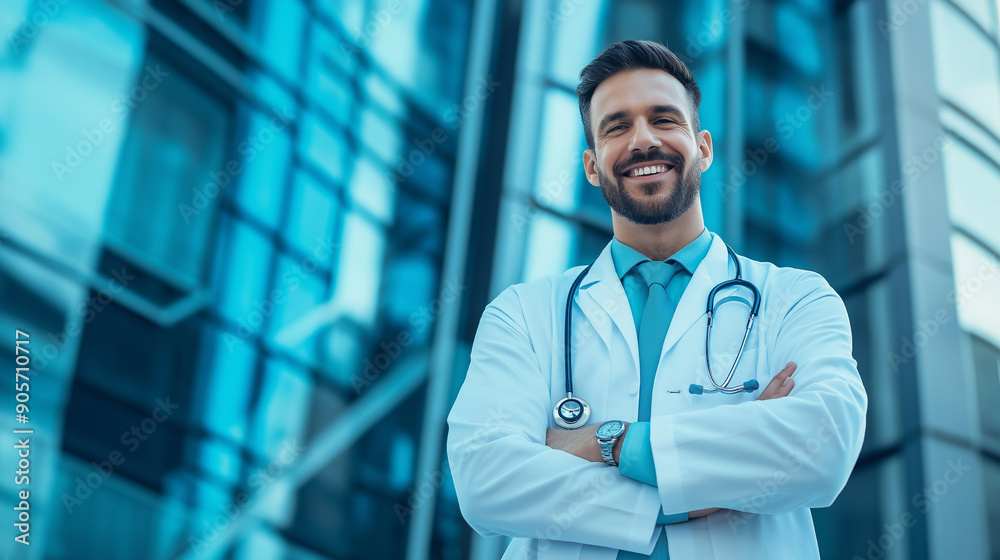 A smiling doctor standing in front of a medical building, ready to assist A smiling doctor standing in front of a medical building, ready to assist