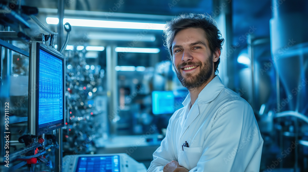 Fototapeta premium A technologist smiling in front of advanced production machinery in a pharmacological company
