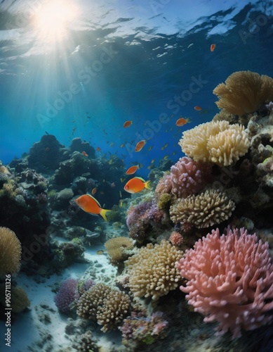 Fototapeta Naklejka Na Ścianę i Meble -  underwater coral reef landscape wide panorama background in the deep blue ocean with