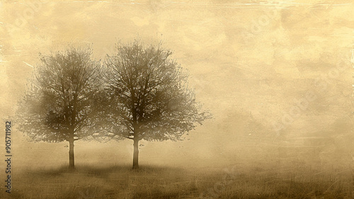 Two bare trees stand together in a misty field during early morning