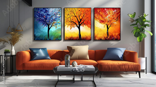 Vibrant artwork depicting seasonal trees above an orange couch in a modern living room