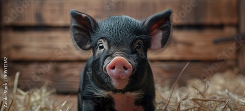 Micro Pig Portrait. Adorable black micro piglet with pink snout, photographed in a rustic barn setting, showcasing its cute and curious expression. photo