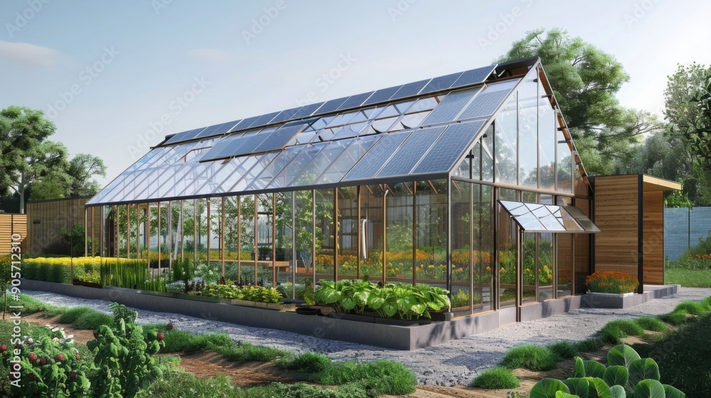 A contemporary greenhouse featuring solar panels grows vibrant plants in a flourishing garden. Sunlight filters through the glass, enhancing the natural beauty of the surroundings. A contemporary greenhouse featuring solar panels grows vibrant plants in a flourishing garden. Sunlight filters through the glass, enhancing the natural beauty of the surroundings.