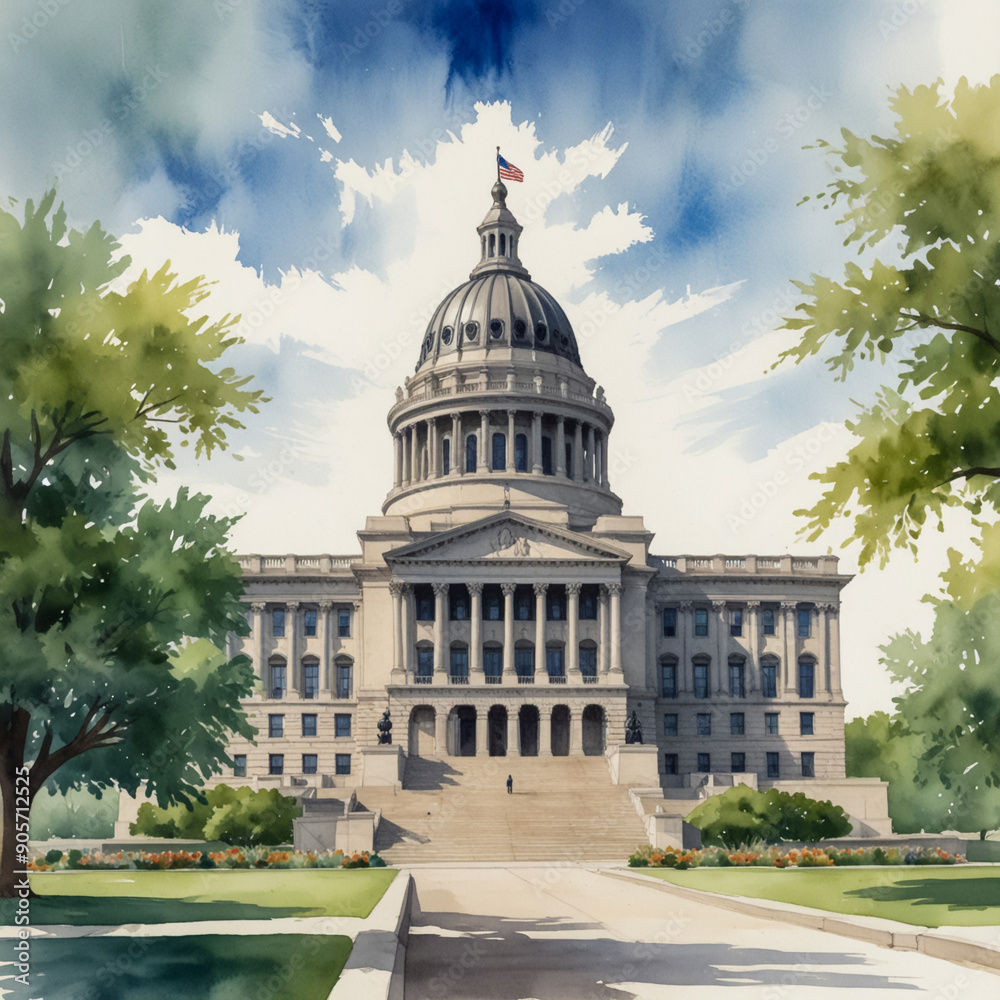 Obraz premium A stunning watercolor illustration of the Kansas State Capitol in Topeka, Kansas, he impressive architecture of the Capitol building, highlighting its grand dome and neoclassical design with detailed