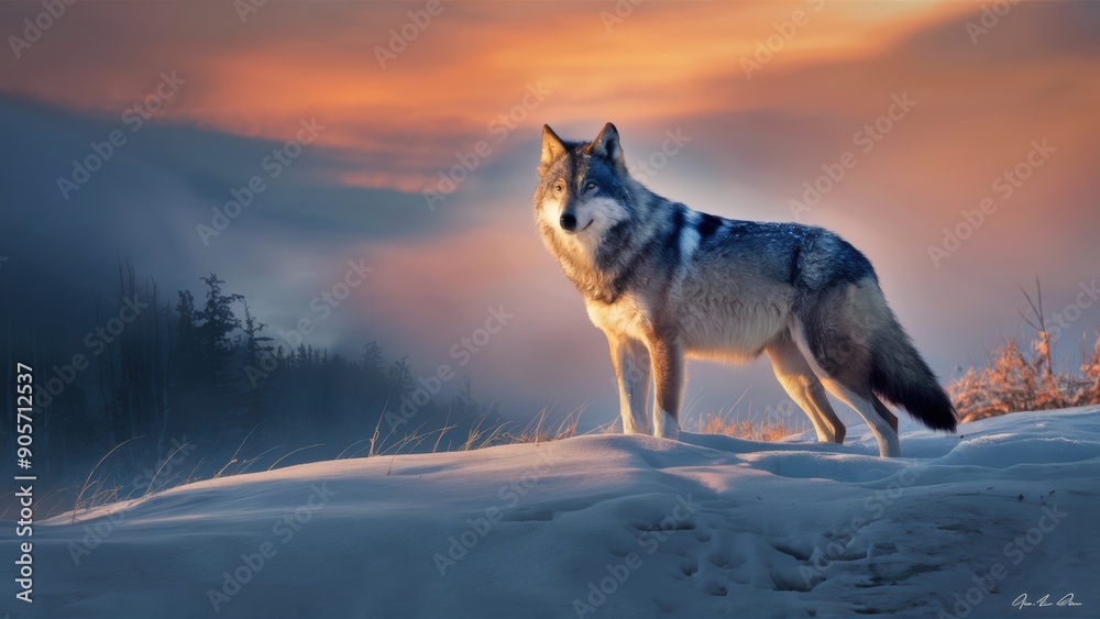 A lone wolf standing on top of a snowy hillside, AI A lone wolf standing on top of a snowy hillside, AI
