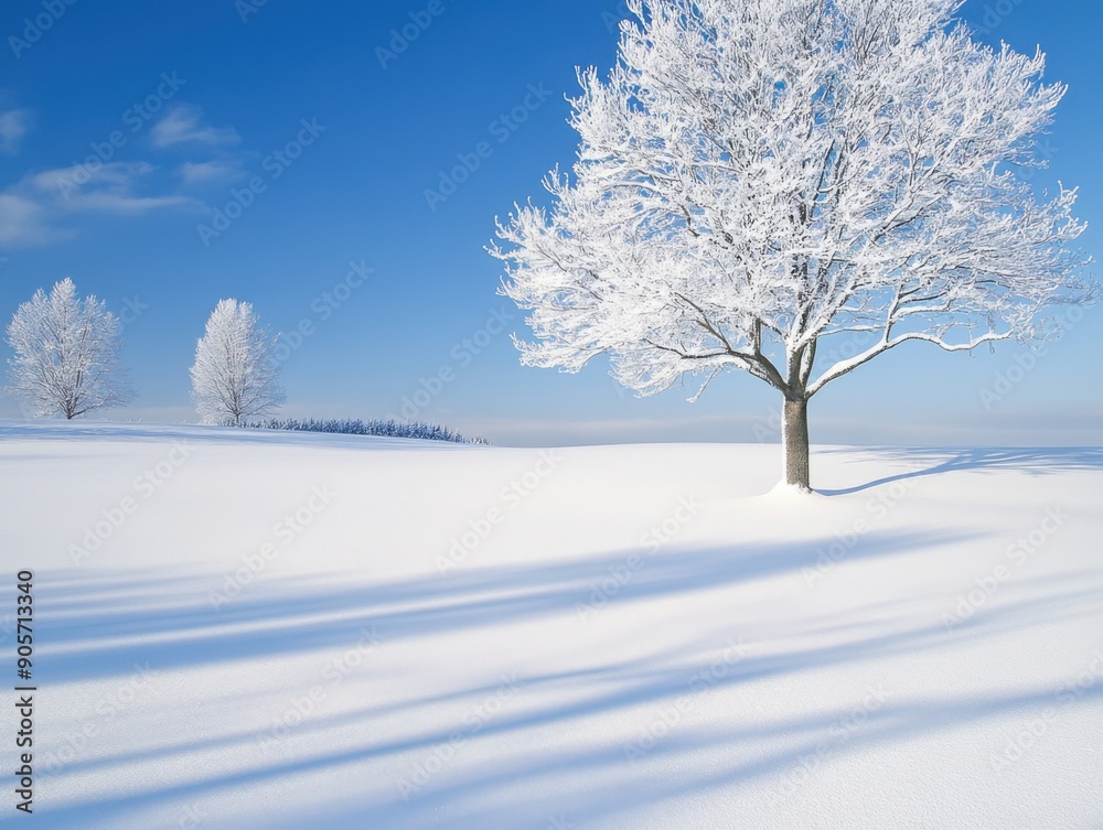 Snow-covered landscape with majestic trees under clear blue sky in winter Snow-covered landscape with majestic trees under clear blue sky in winter