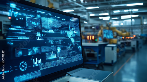 Wallpaper Mural A modern manufacturing plant with machinery and digital icons overlaying production data Torontodigital.ca