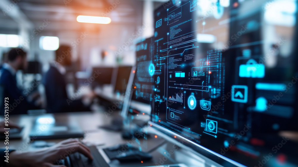 custom made wallpaper toronto digitalAn office workspace with employees and computers, overlaid with digital business icons