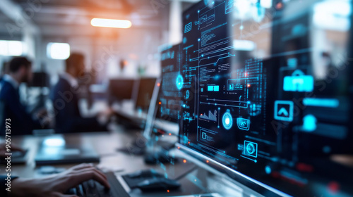 Wallpaper Mural An office workspace with employees and computers, overlaid with digital business icons Torontodigital.ca