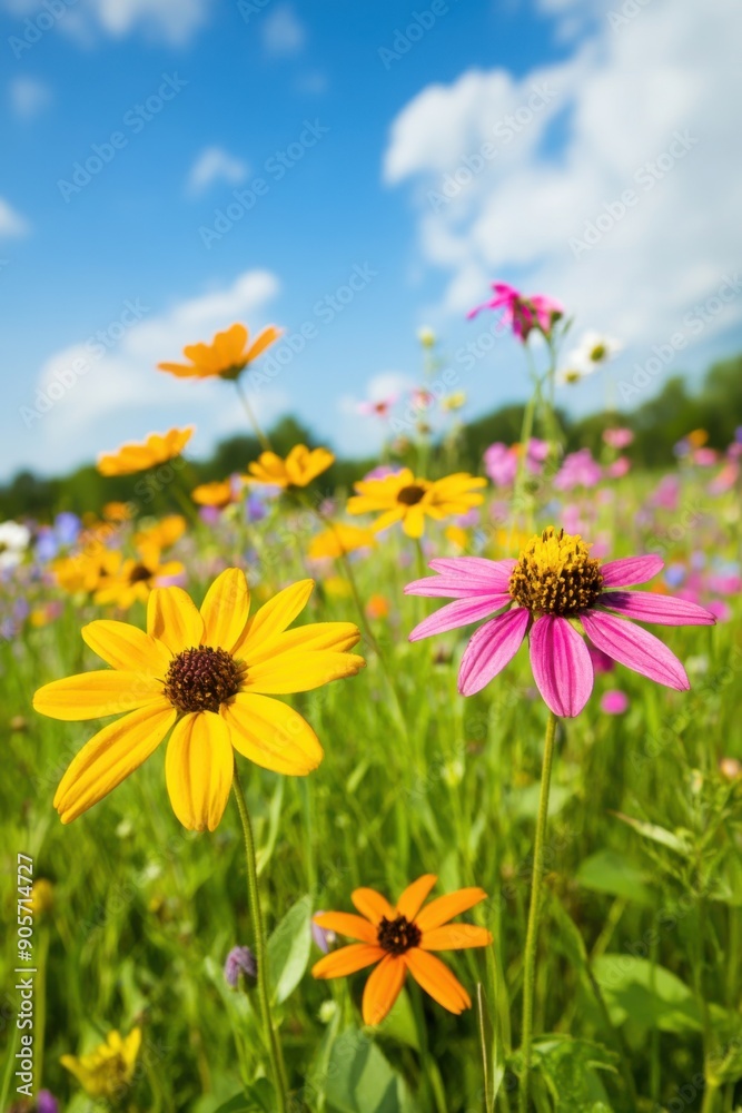 Vibrant wildflowers blooming under a blue sky in springtime meadow Vibrant wildflowers blooming under a blue sky in springtime meadow