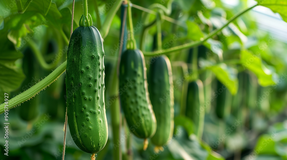 Vibrant cucumbers on the vine, showcasing their readiness for harvest. This image captures the essence of fresh, homegrown produce and sustainable gardening practices.