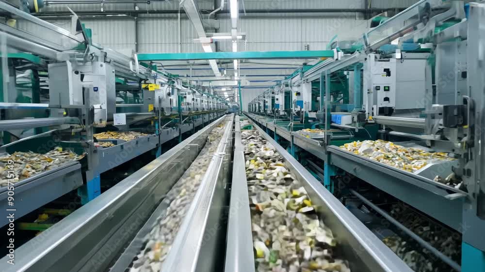 Medium shot of a recycling plant in action, with machines sorting materials while workers supervise the process. Industrial environment highlighting sustainable practices. ecological, pile, plastic Medium shot of a recycling plant in action, with machines sorting materials while workers supervise the process. Industrial environment highlighting sustainable practices. ecological, pile, plastic