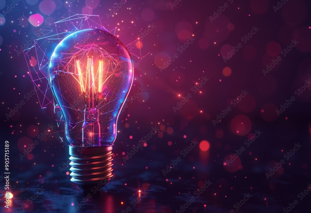 Innovative Technology Meets Holographic Glowing Low Poly Light Bulb on a Dark Background - A Fusion of Creativity and Futuristic Design. Innovative Technology Meets Holographic Glowing Low Poly Light Bulb on a Dark Background - A Fusion of Creativity and Futuristic Design.