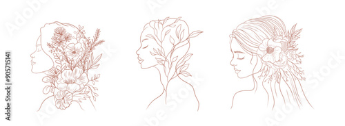 Set of ector line woman faces with flowers around. Line art illustration. Celebration. Save the date. Great for any designs, textile, art, walls, package