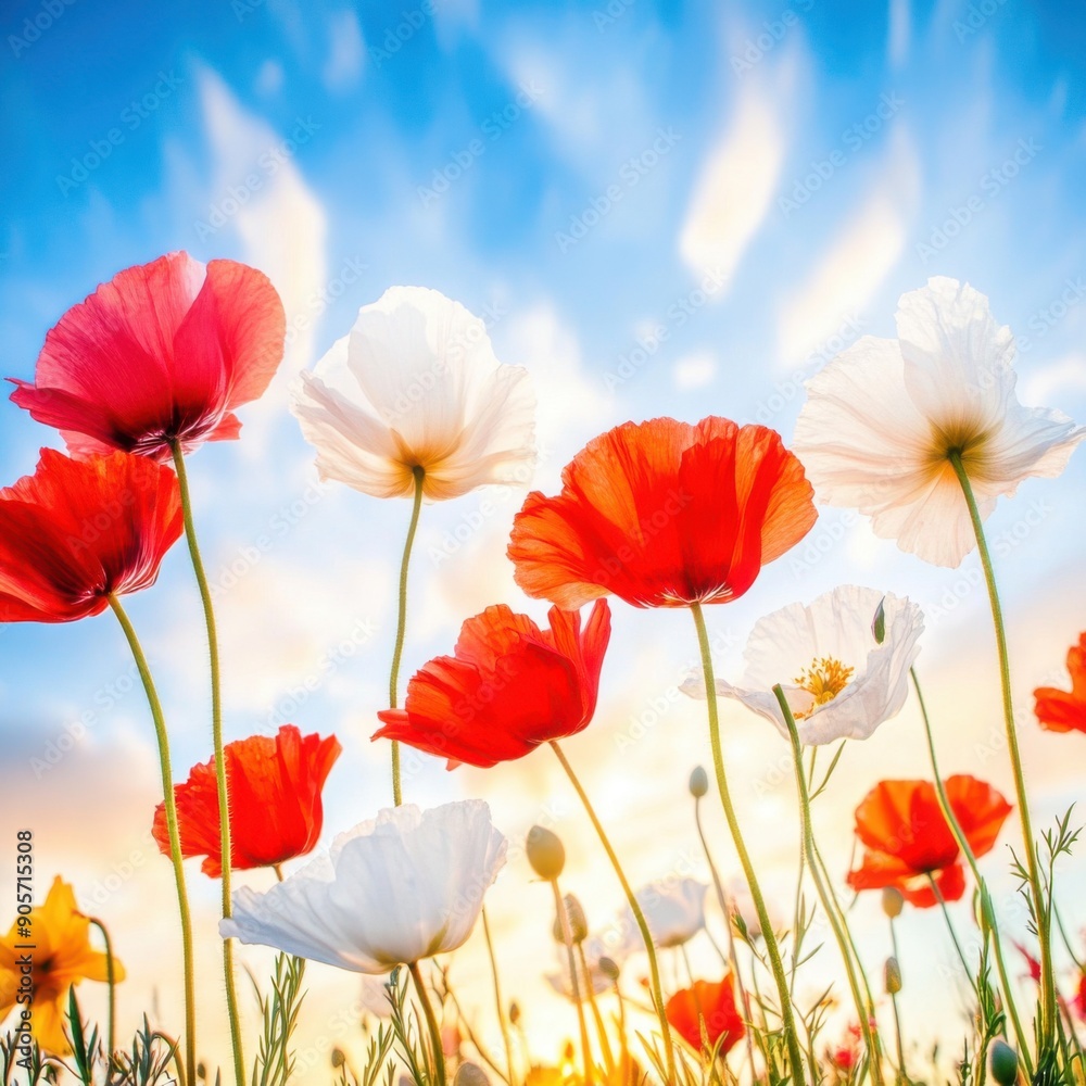 Vibrant poppies blooming under a bright sky during golden hour Vibrant poppies blooming under a bright sky during golden hour