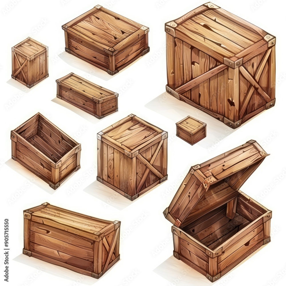 Isometric Crate. Three-dimensional Wooden Cargo Box in Cartoon Style on White Background Isometric Crate. Three-dimensional Wooden Cargo Box in Cartoon Style on White Background