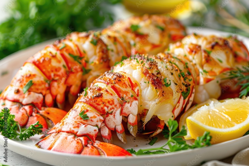 Lobster Tail Dinner. Closeup of Baked Lobster Tails with Seasoned Crustacean Lobster Tail Dinner. Closeup of Baked Lobster Tails with Seasoned Crustacean